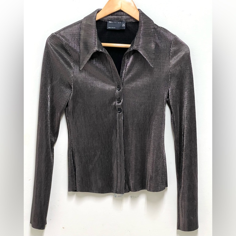 ASOS Design Pleated Brown 3 Front Buttons Long Sleeves Top Shirt Size 4